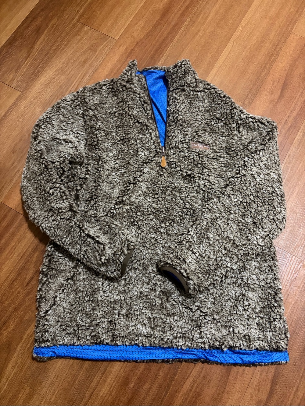 USA Palm Reversible Sherpa Quarter Zip-Up Pullover - Brown & Blue Size Med EUC
